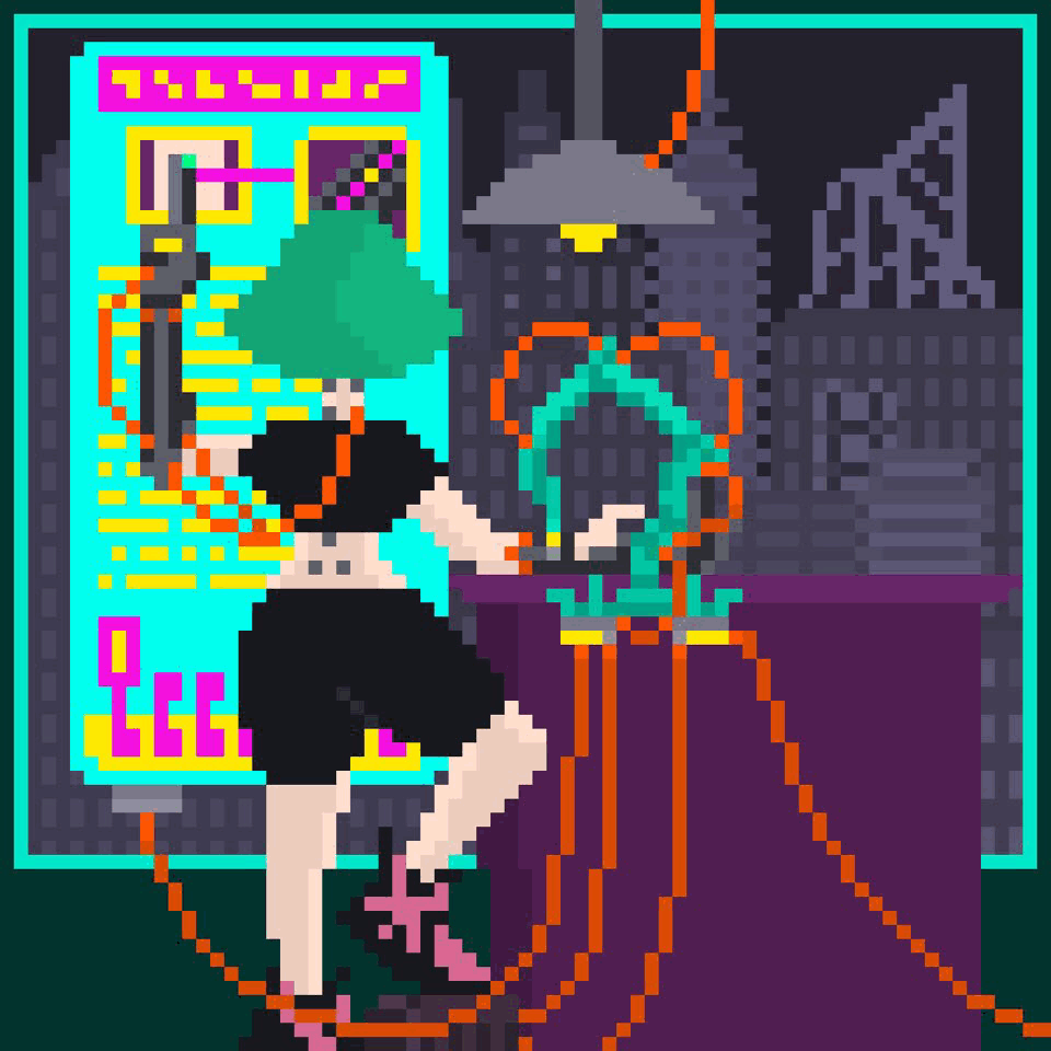 a pixelated gif of a cyberpunk character in her apartment, looking over the city through her window, while a machine fixes her cybernetic arm